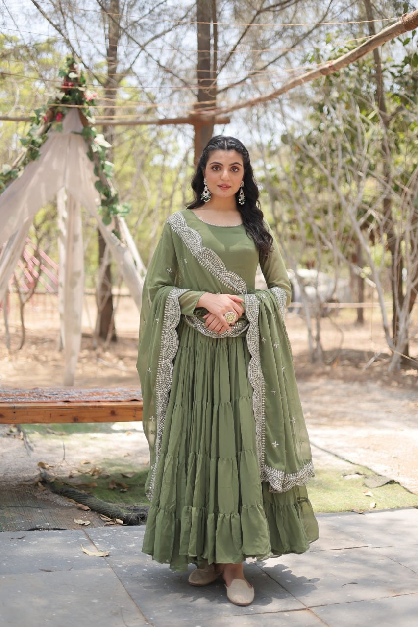 Desirable Women's gown Made With Faux Blooming Fabrics and Designer Embroidered Dupatta