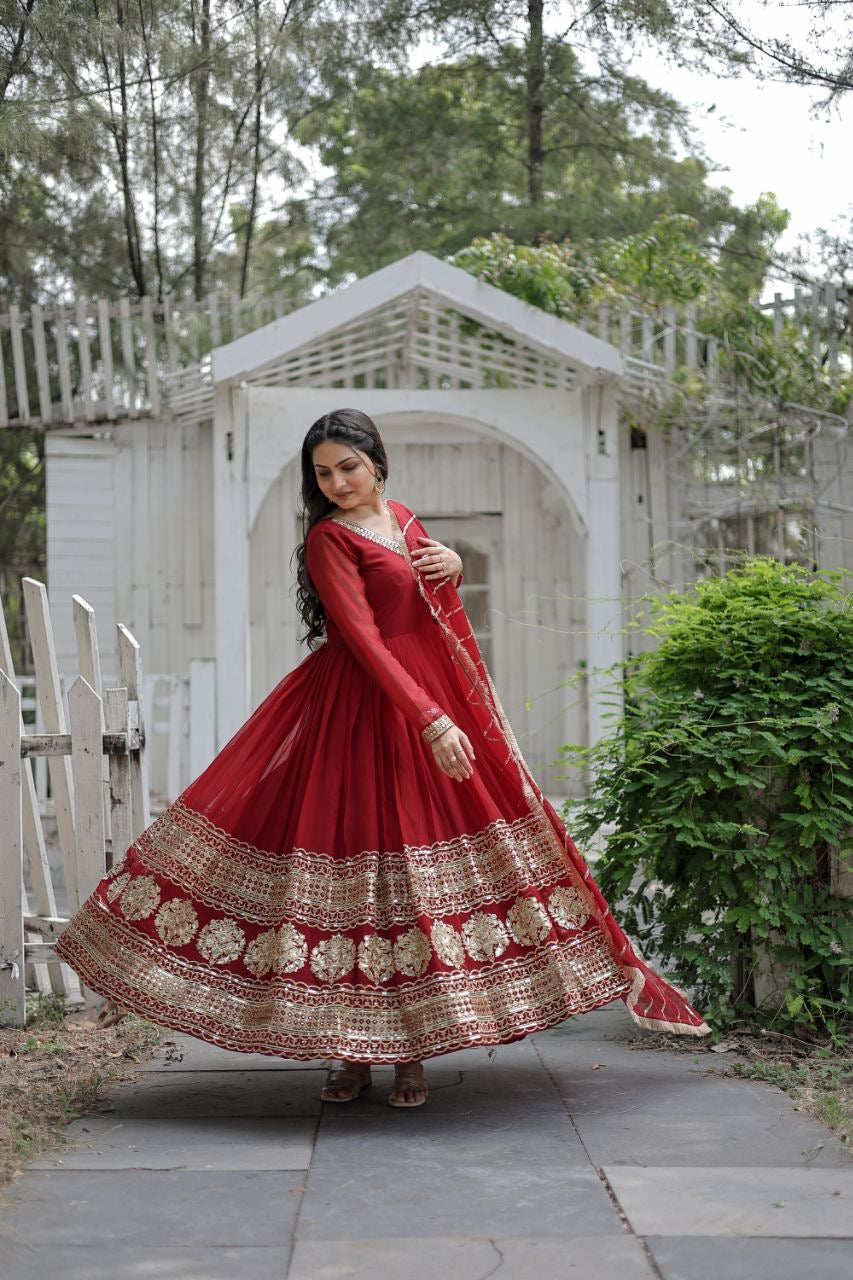 Faux Blooming Gown with Dupatta With Attractive Embroidered Sequins work with Lace Border