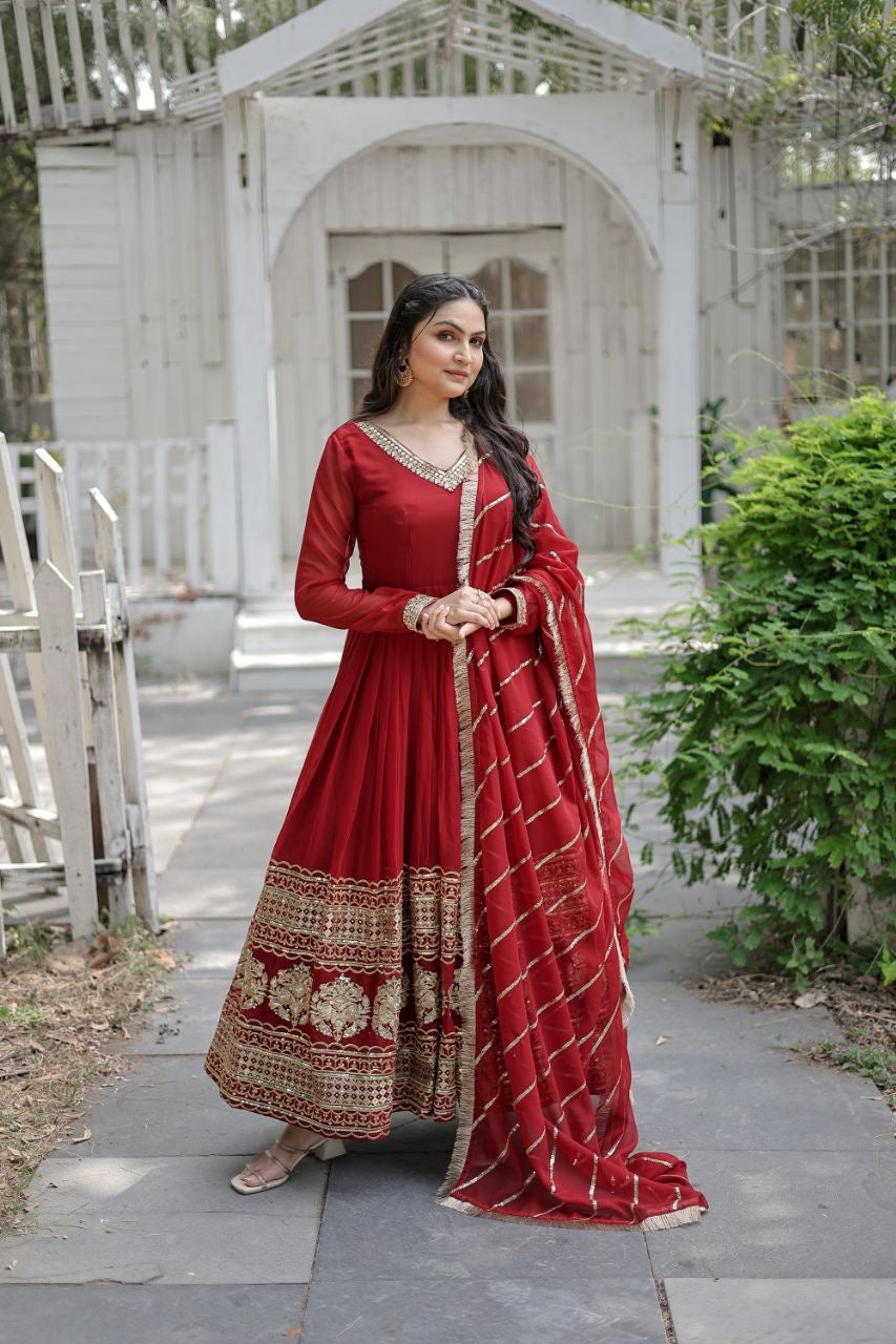 Faux Blooming Gown with Dupatta With Attractive Embroidered Sequins work with Lace Border