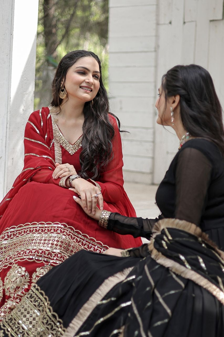 Faux Blooming Gown with Dupatta With Attractive Embroidered Sequins work with Lace Border