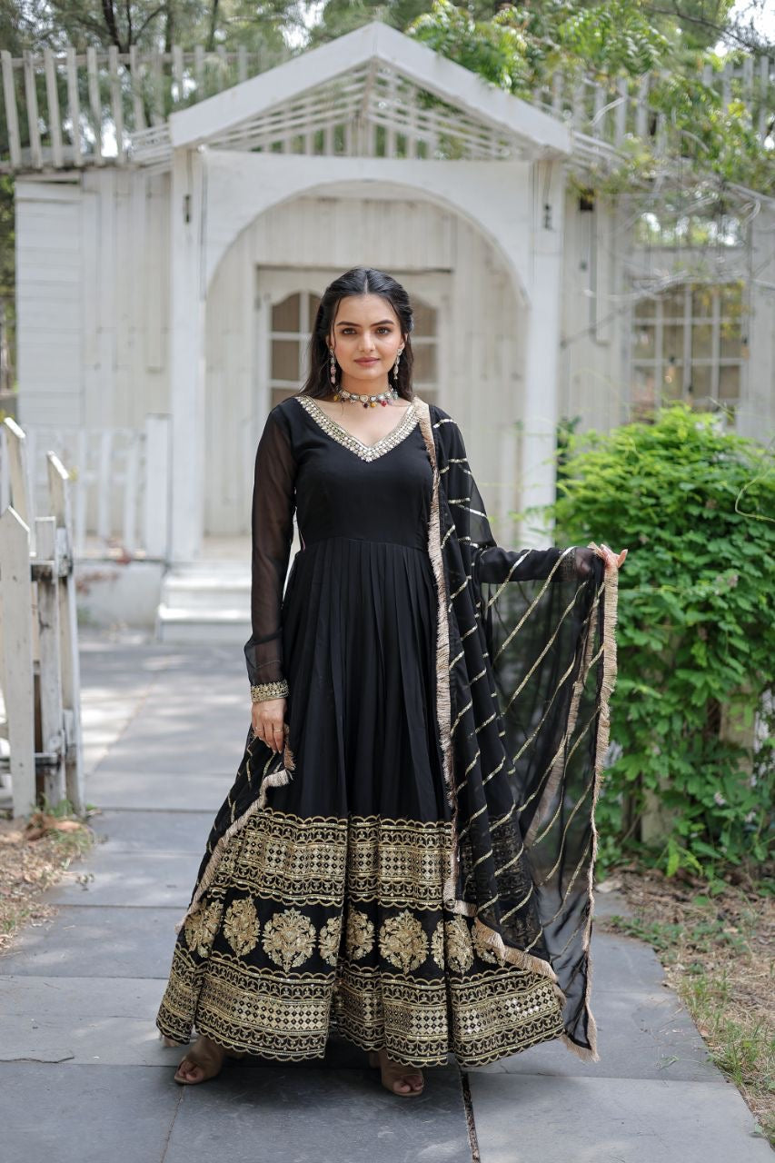 Faux Blooming Gown with Dupatta With Attractive Embroidered Sequins work with Lace Border