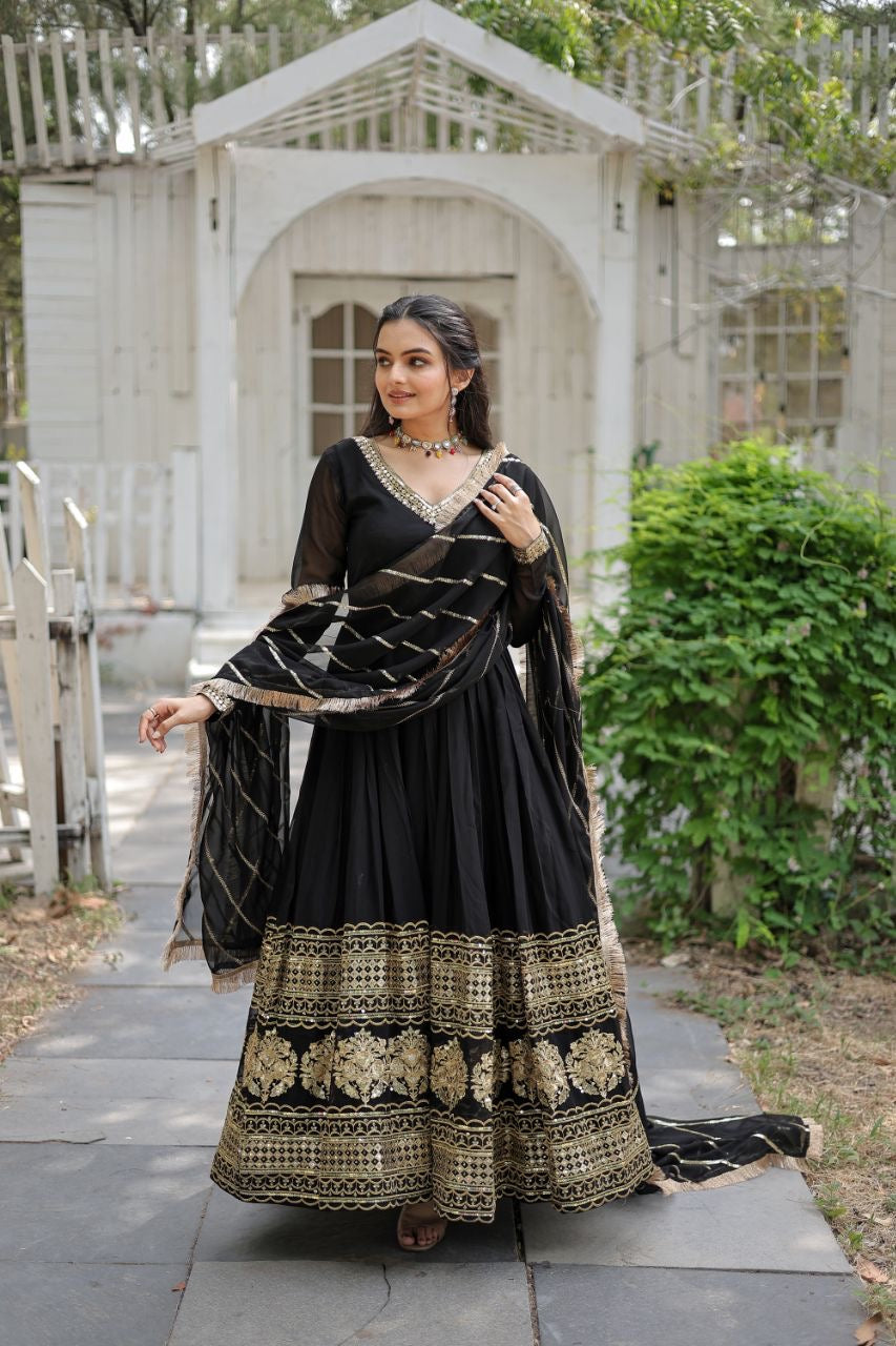Faux Blooming Gown with Dupatta With Attractive Embroidered Sequins work with Lace Border