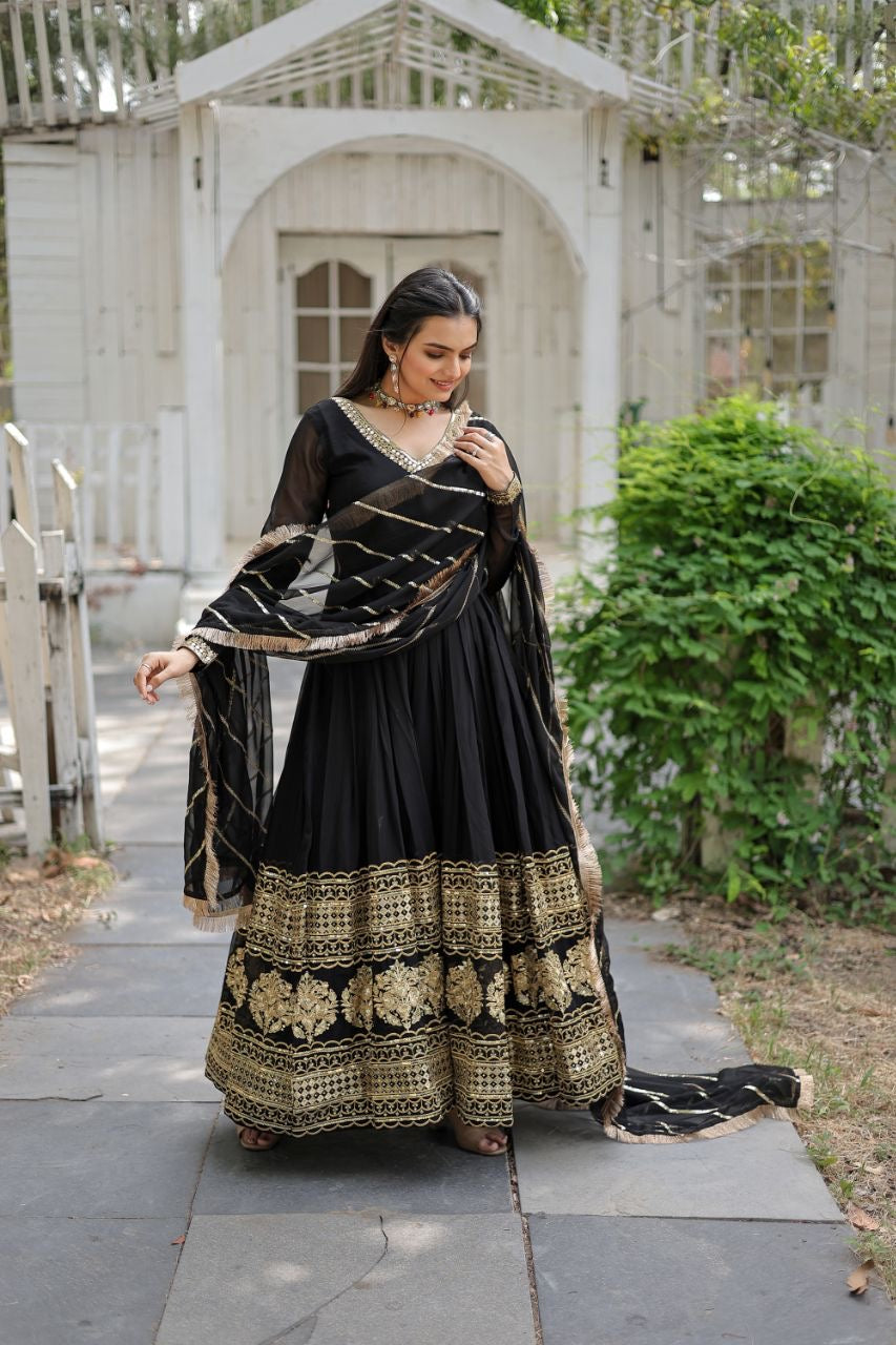 Faux Blooming Gown with Dupatta With Attractive Embroidered Sequins work with Lace Border