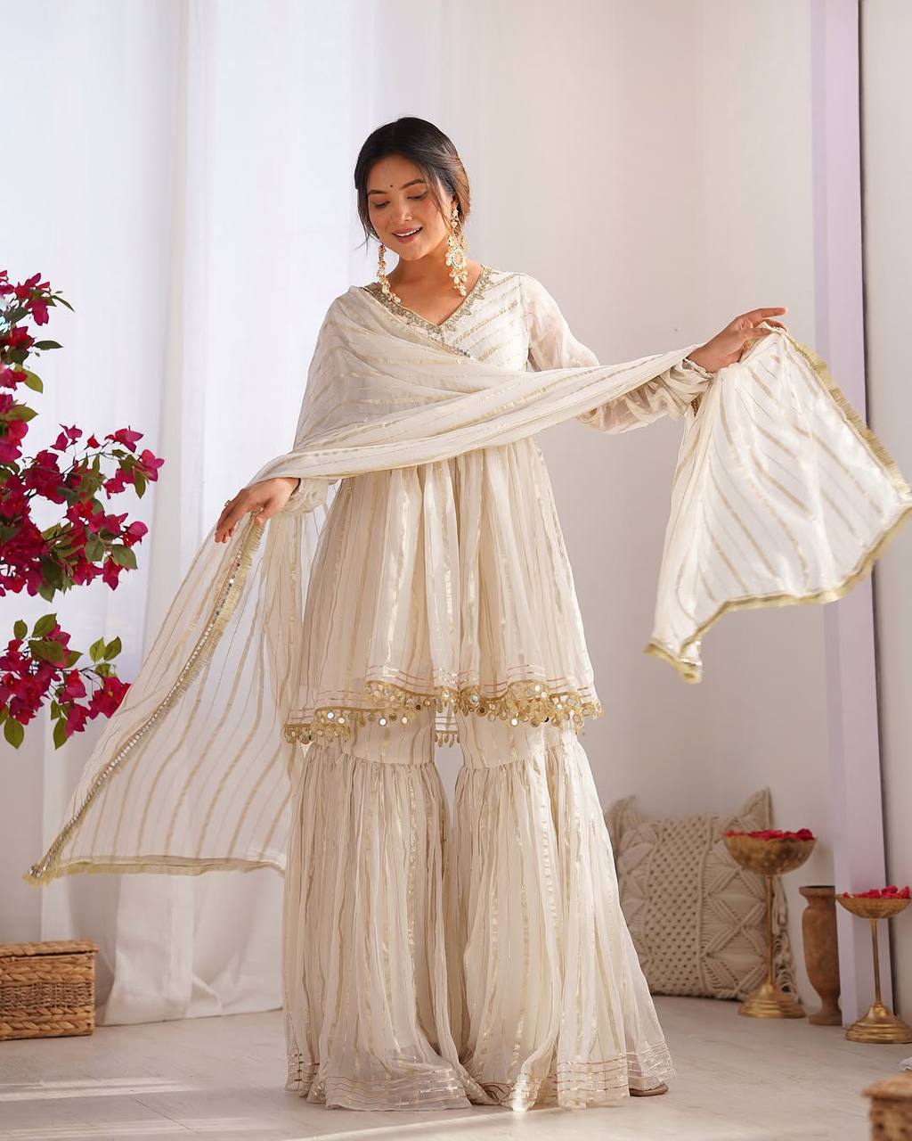 Ethnic Women’s Mirror Work Top Bottom Sharara Set with Dupatta