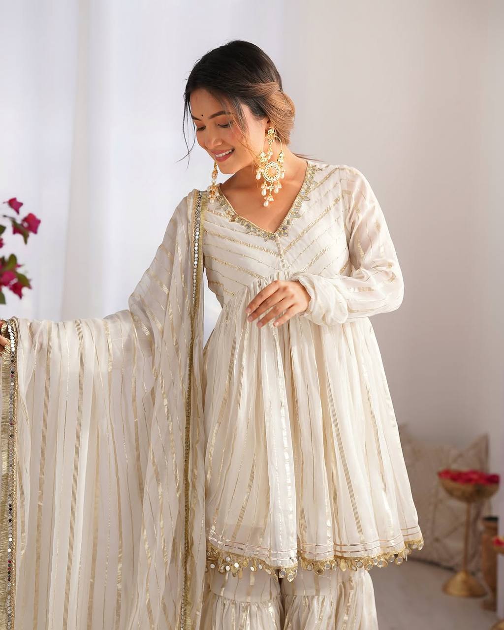 Ethnic Women’s Mirror Work Top Bottom Sharara Set with Dupatta