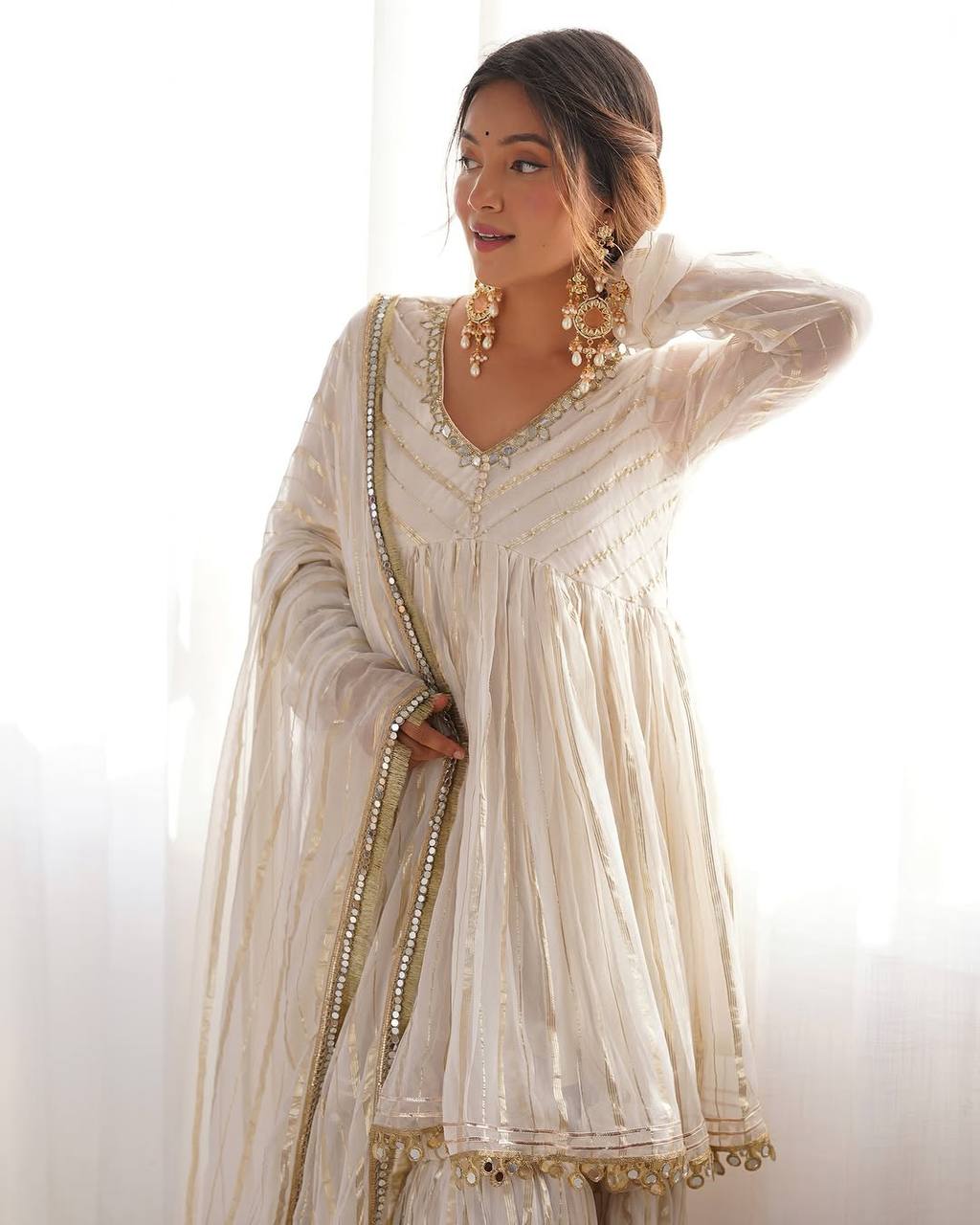Ethnic Women’s Mirror Work Top Bottom Sharara Set with Dupatta
