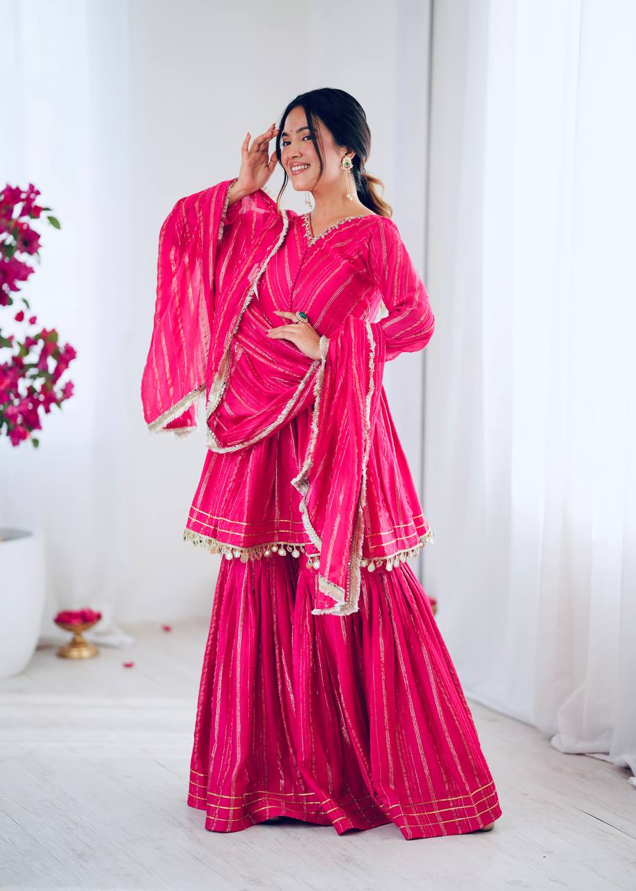 Ethnic Women’s Mirror Work Top Bottom Sharara Set with Dupatta