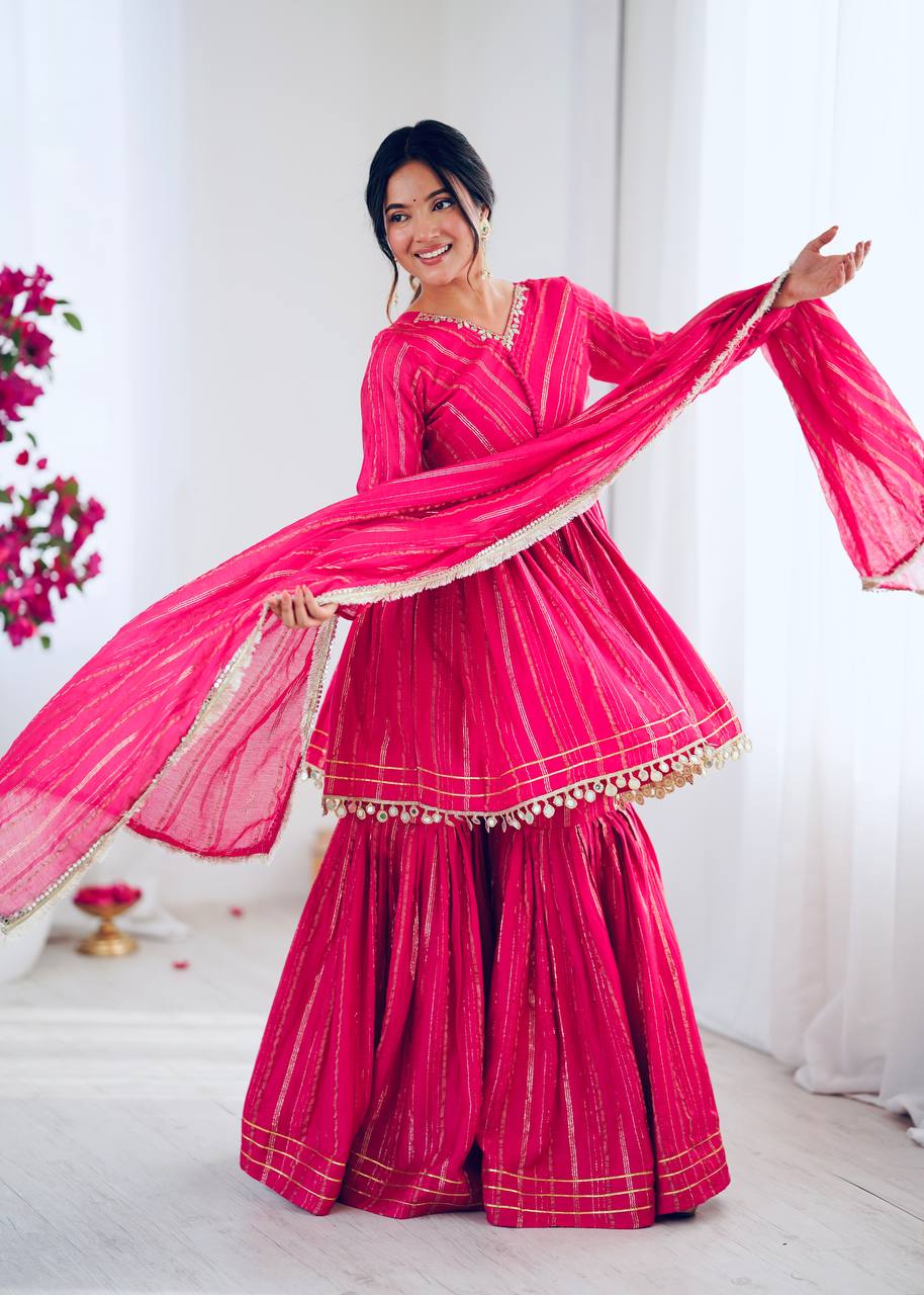 Ethnic Women’s Mirror Work Top Bottom Sharara Set with Dupatta