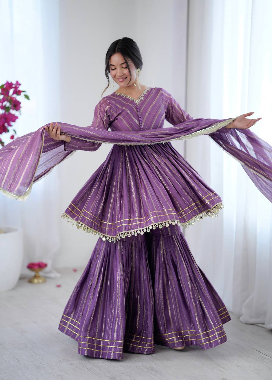 Ethnic Women’s Mirror Work Top Bottom Sharara Set with Dupatta