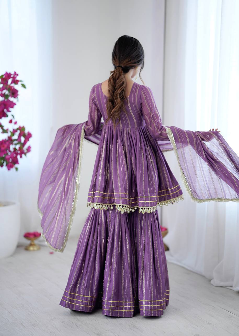Ethnic Women’s Mirror Work Top Bottom Sharara Set with Dupatta