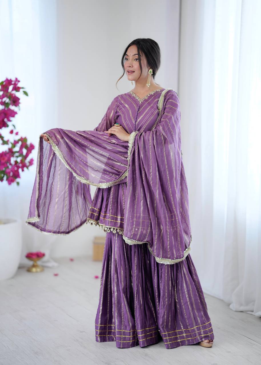 Ethnic Women’s Mirror Work Top Bottom Sharara Set with Dupatta