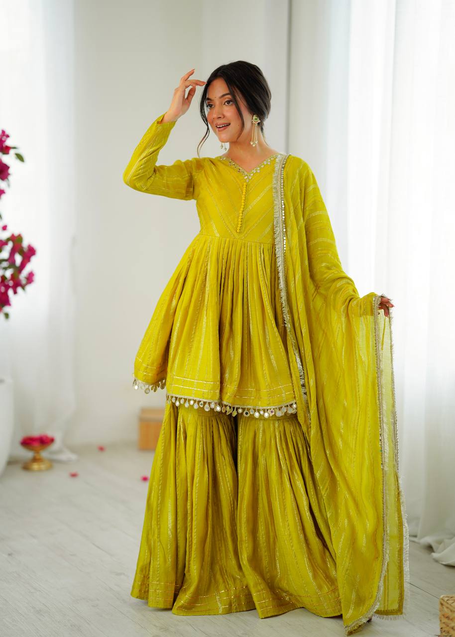 Ethnic Women’s Mirror Work Top Bottom Sharara Set with Dupatta