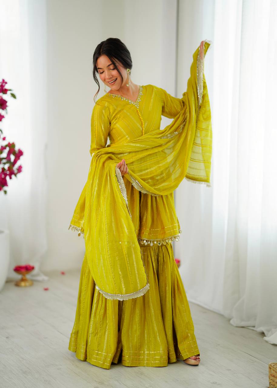 Ethnic Women’s Mirror Work Top Bottom Sharara Set with Dupatta