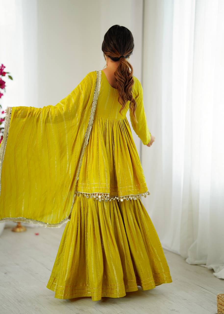 Ethnic Women’s Mirror Work Top Bottom Sharara Set with Dupatta