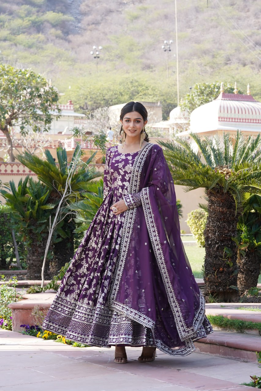 Elegant Viscose Jacquard Gown with Embroidered Sequins Dupatta Set