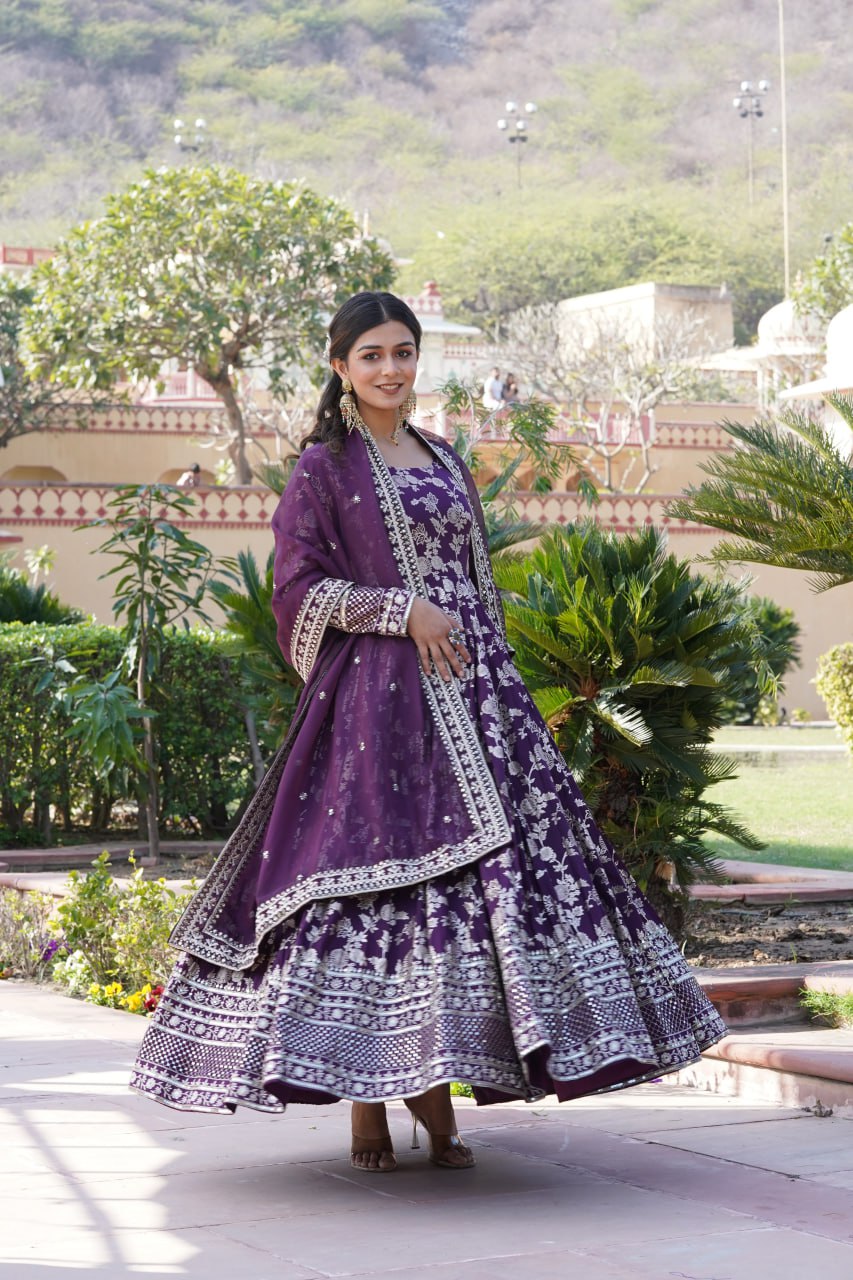 Elegant Viscose Jacquard Gown with Embroidered Sequins Dupatta Set