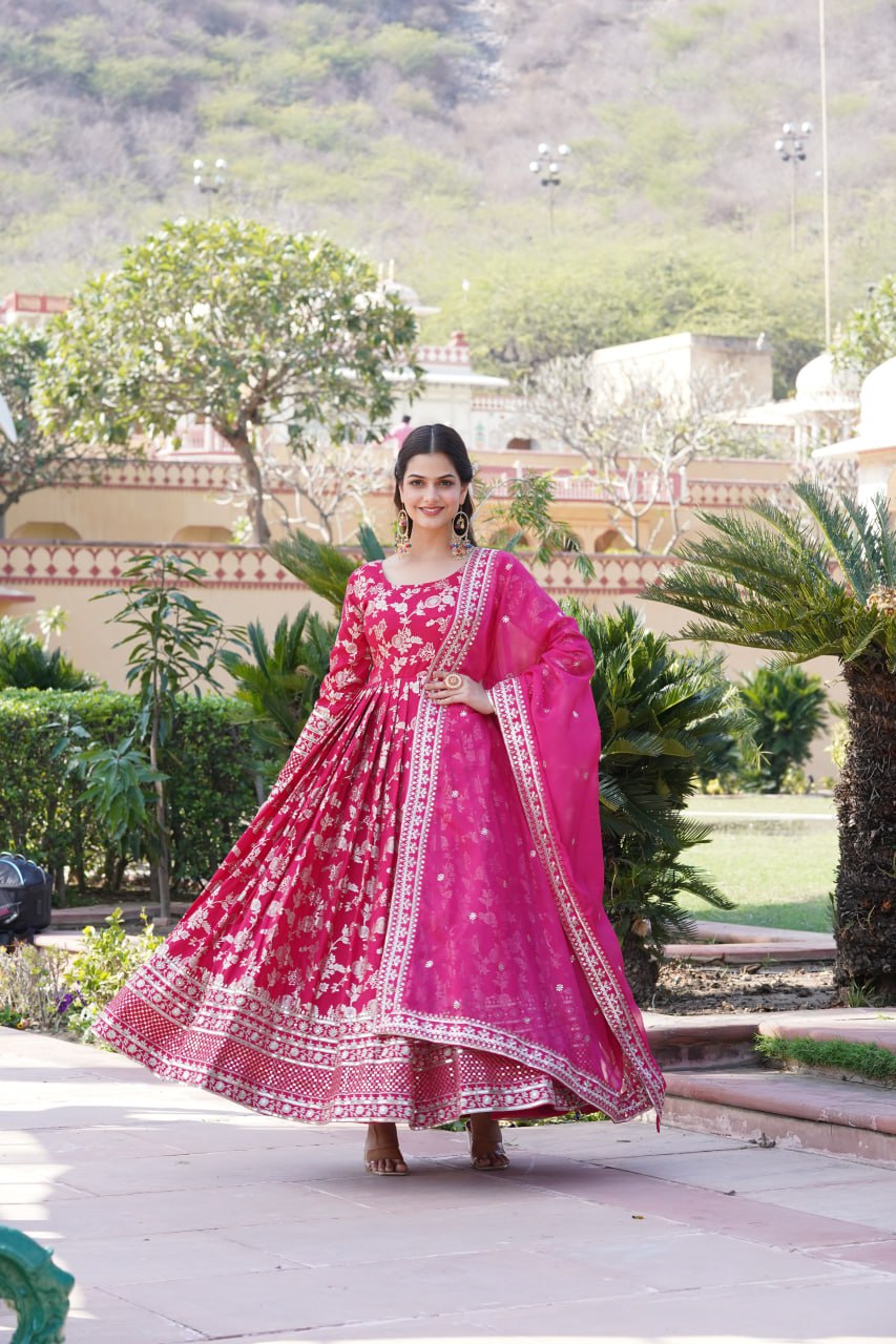 Elegant Viscose Jacquard Gown with Embroidered Sequins Dupatta Set