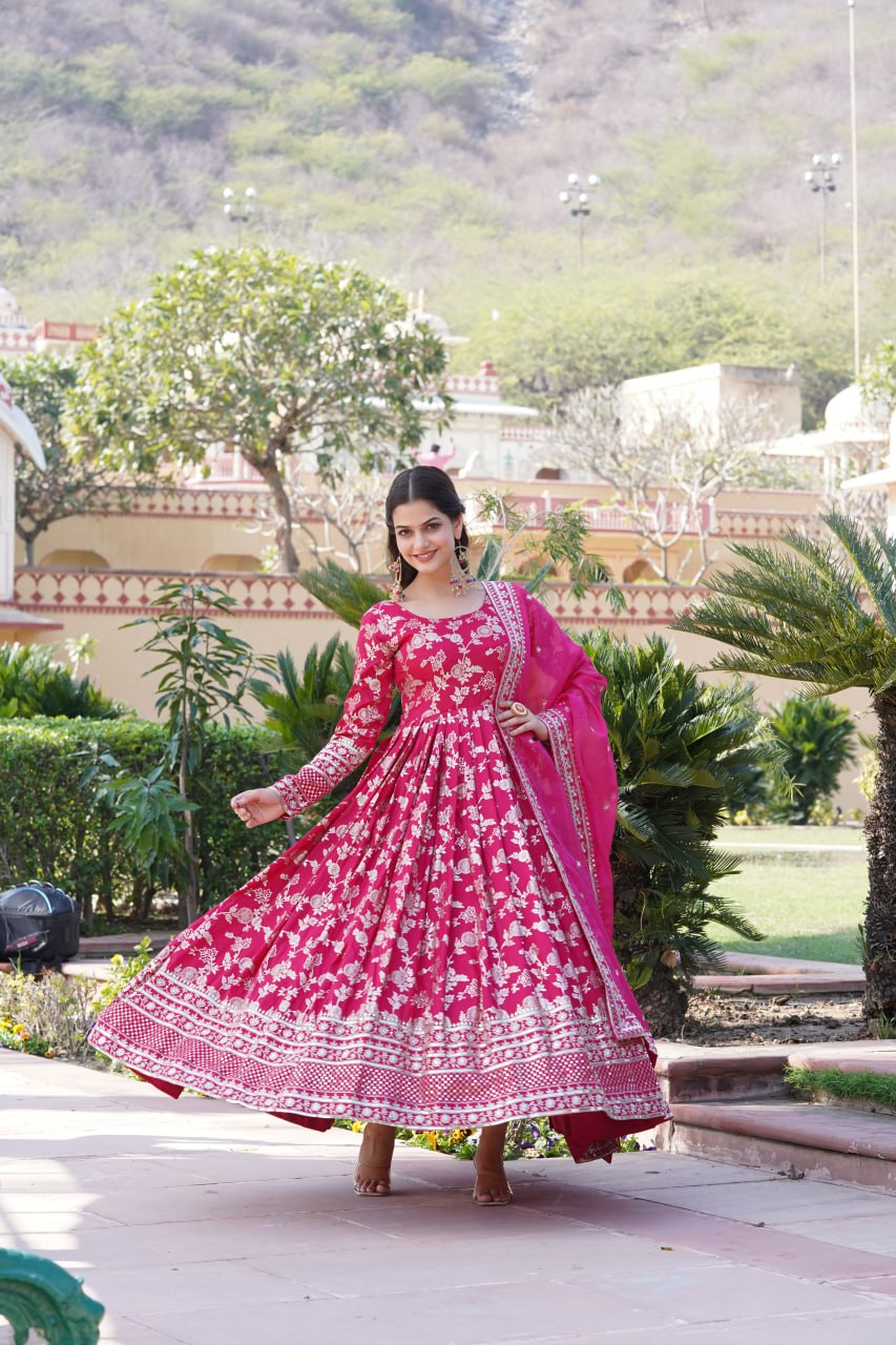 Elegant Viscose Jacquard Gown with Embroidered Sequins Dupatta Set