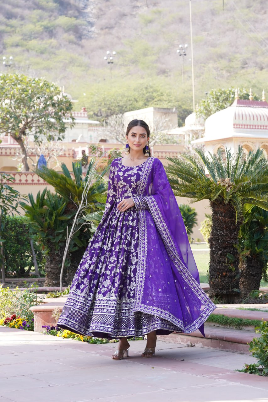 Elegant Viscose Jacquard Gown with Embroidered Sequins Dupatta Set