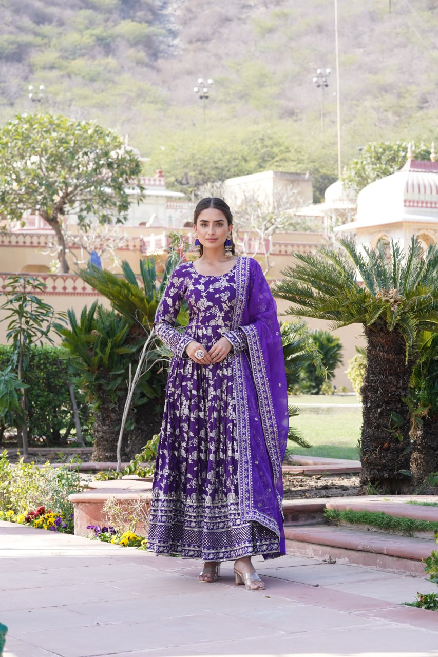 Elegant Viscose Jacquard Gown with Embroidered Sequins Dupatta Set
