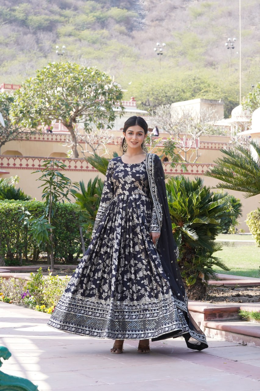 Elegant Viscose Jacquard Gown with Embroidered Sequins Dupatta Set