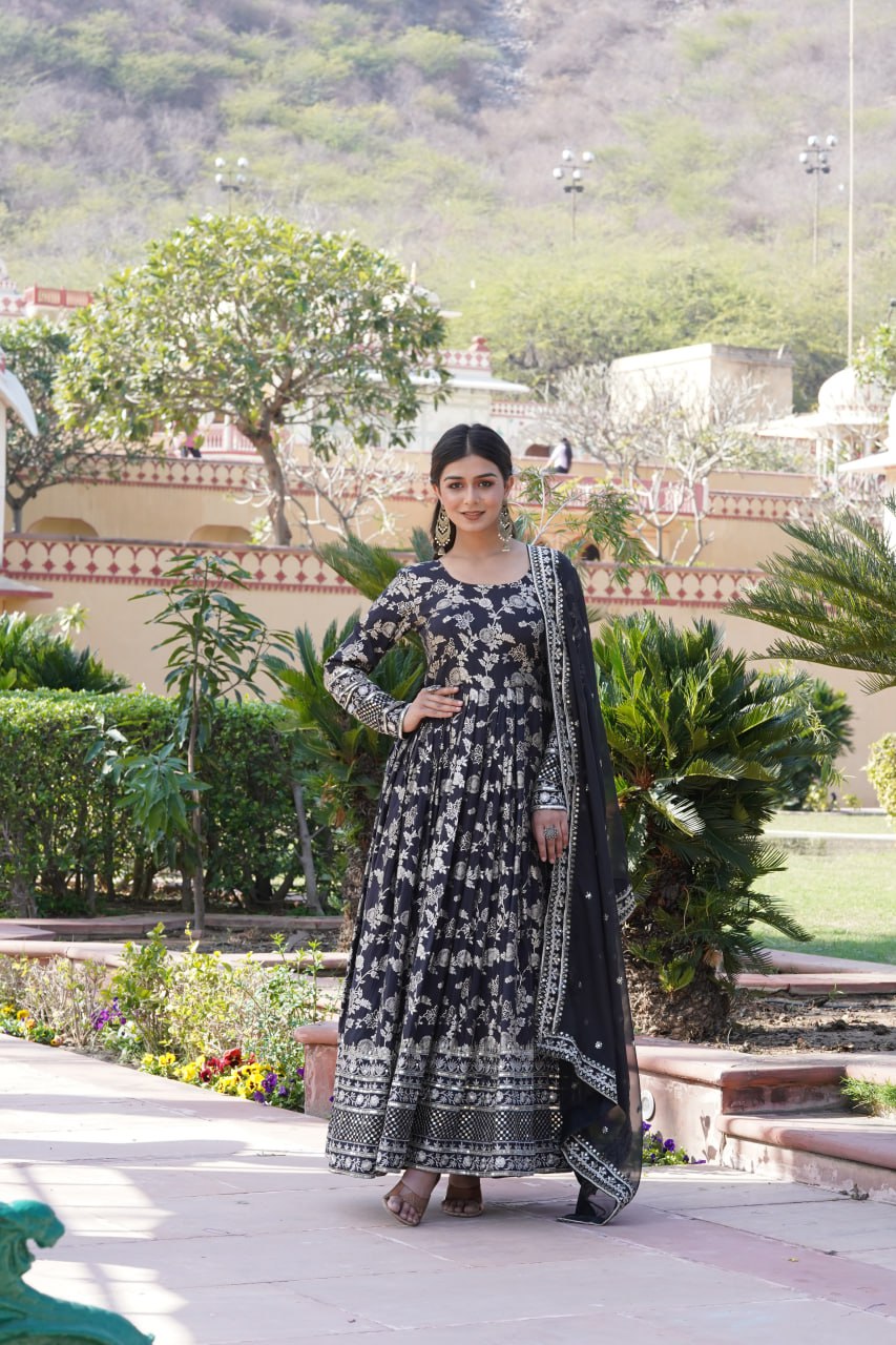 Elegant Viscose Jacquard Gown with Embroidered Sequins Dupatta Set