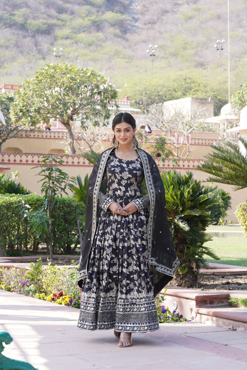 Elegant Viscose Jacquard Gown with Embroidered Sequins Dupatta Set