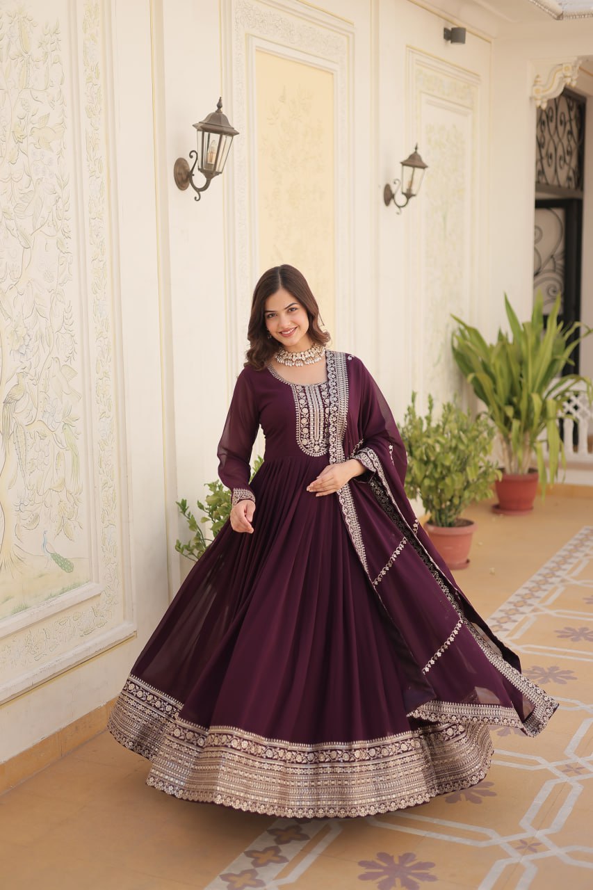 Premium Faux Blooming Sequins Embroidered Gown with Dupatta