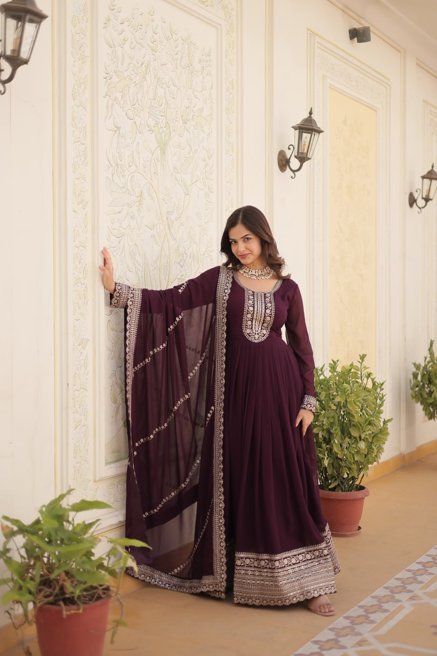 Premium Faux Blooming Sequins Embroidered Gown with Dupatta