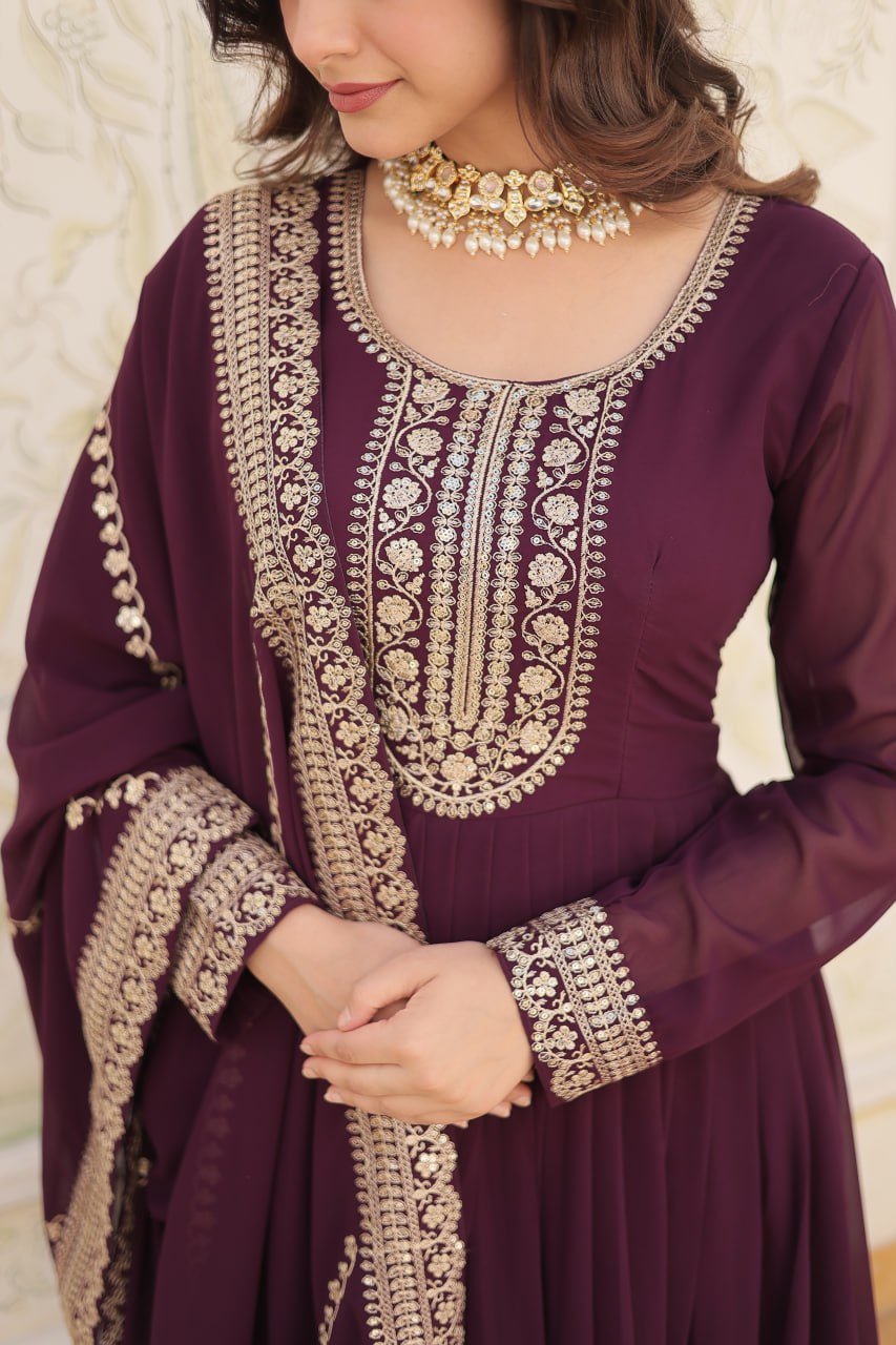 Premium Faux Blooming Sequins Embroidered Gown with Dupatta