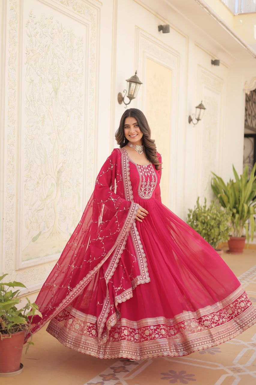Premium Faux Blooming Sequins Embroidered Gown with Dupatta
