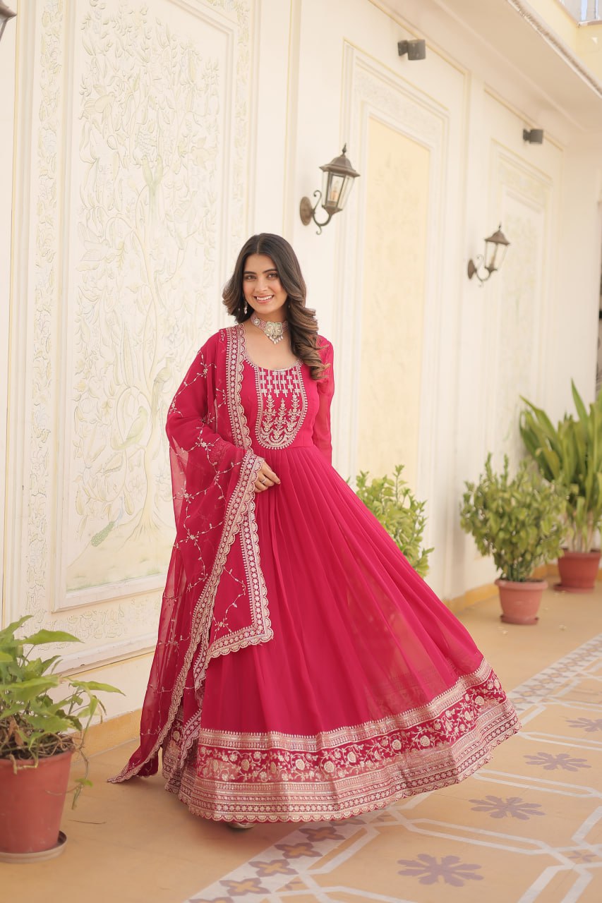 Premium Faux Blooming Sequins Embroidered Gown with Dupatta