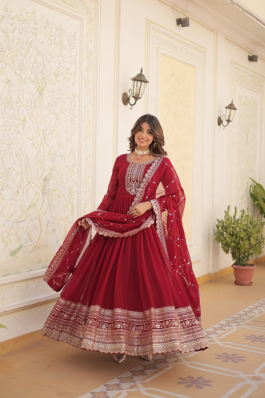 Premium Faux Blooming Sequins Embroidered Gown with Dupatta