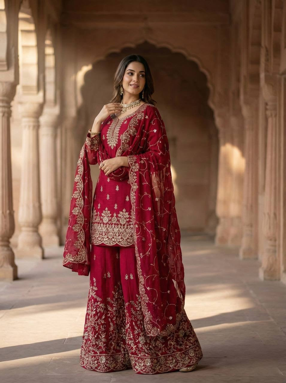 Designer GMY Silk Top Bottom Dupatta Set with Heavy Embroidery Sequence Work