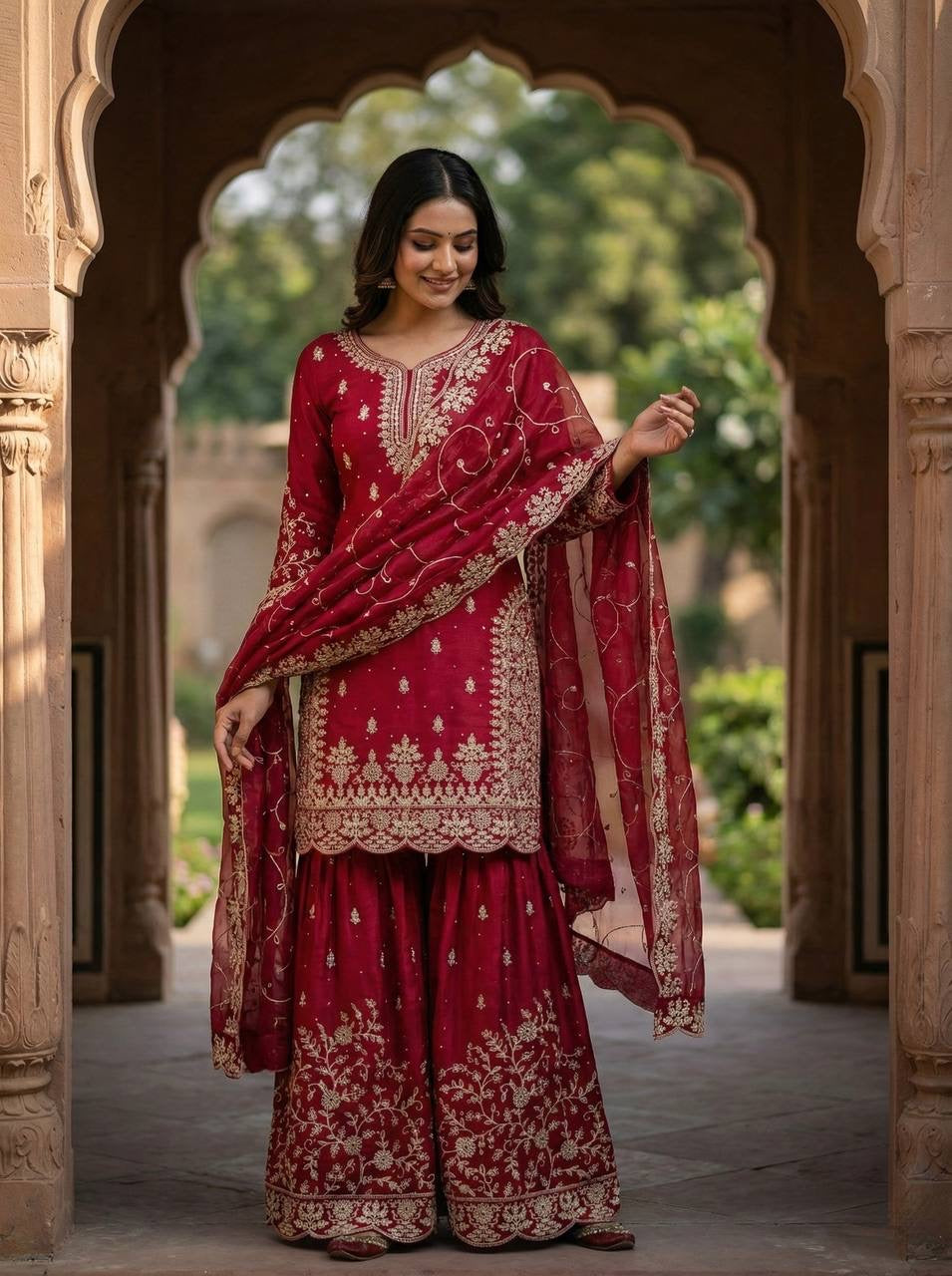 Designer GMY Silk Top Bottom Dupatta Set with Heavy Embroidery Sequence Work