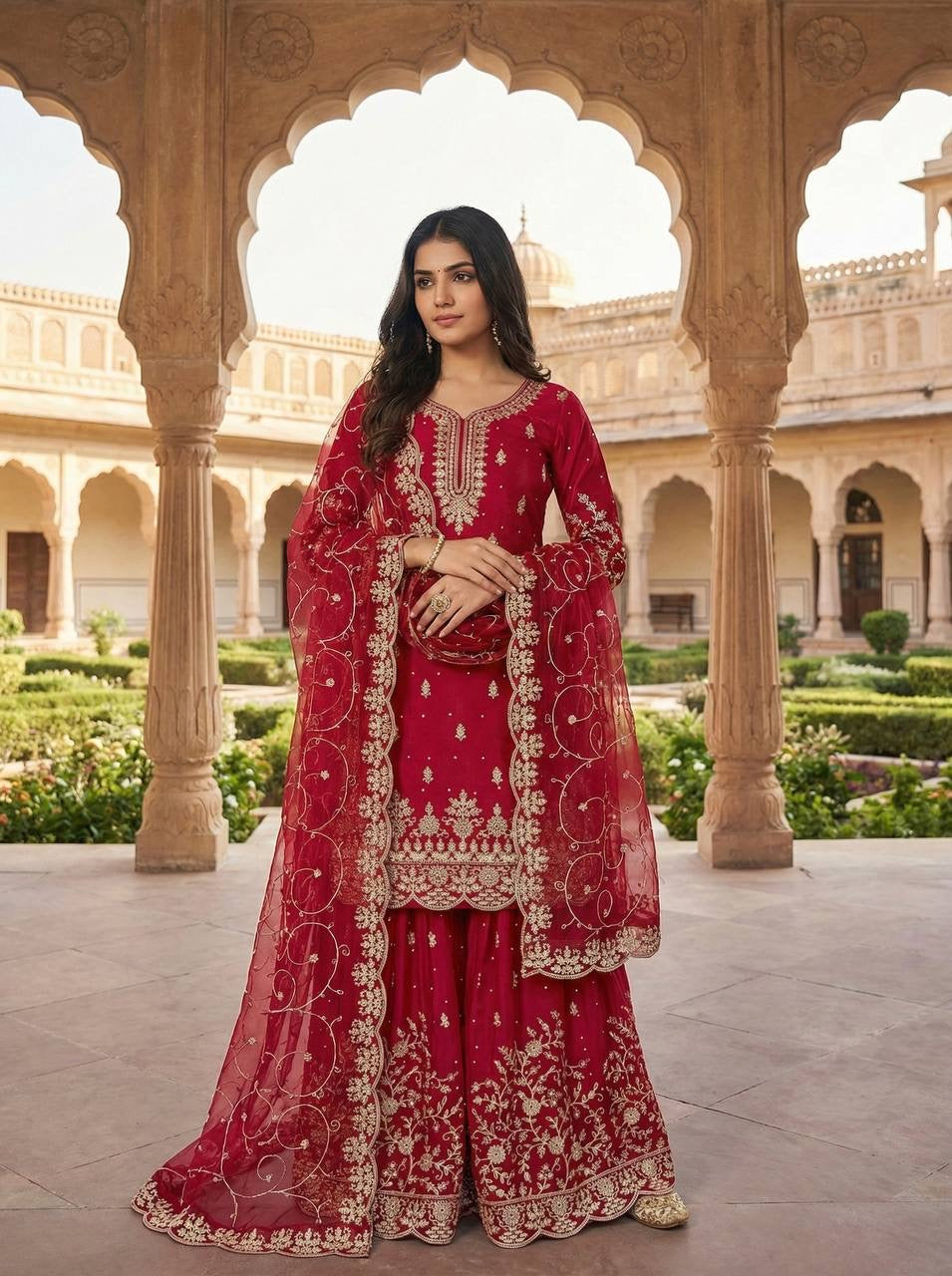 Designer GMY Silk Top Bottom Dupatta Set with Heavy Embroidery Sequence Work