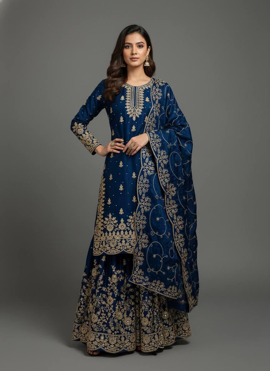 Designer GMY Silk Top Bottom Dupatta Set with Heavy Embroidery Sequence Work