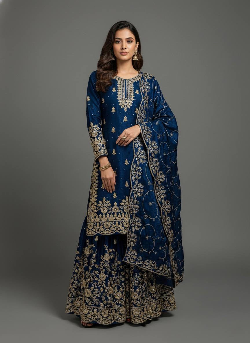Designer GMY Silk Top Bottom Dupatta Set with Heavy Embroidery Sequence Work