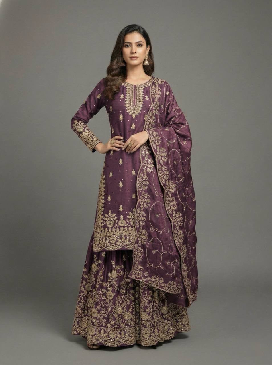 Designer GMY Silk Top Bottom Dupatta Set with Heavy Embroidery Sequence Work