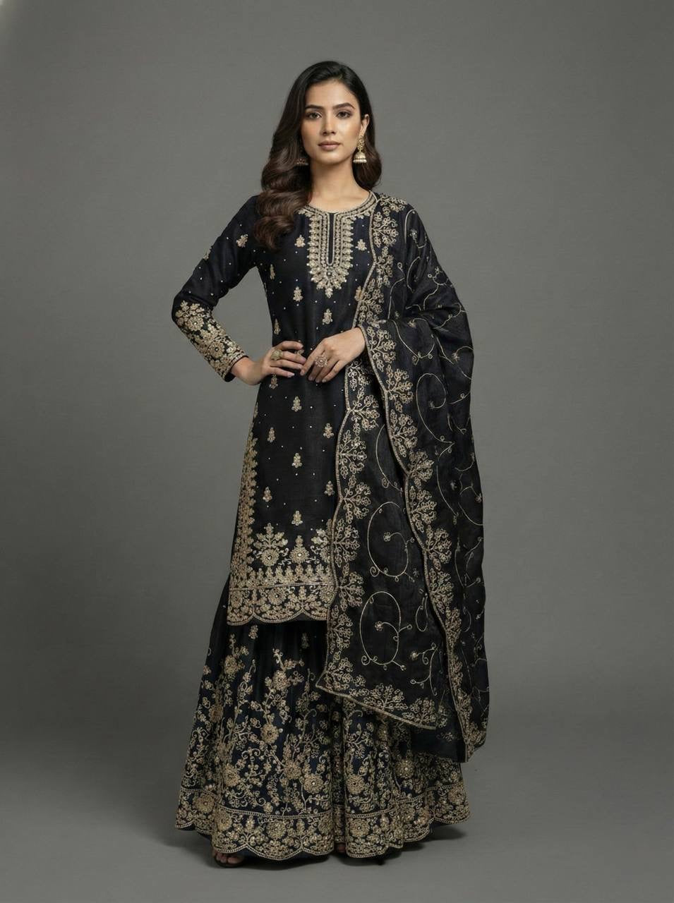 Designer GMY Silk Top Bottom Dupatta Set with Heavy Embroidery Sequence Work