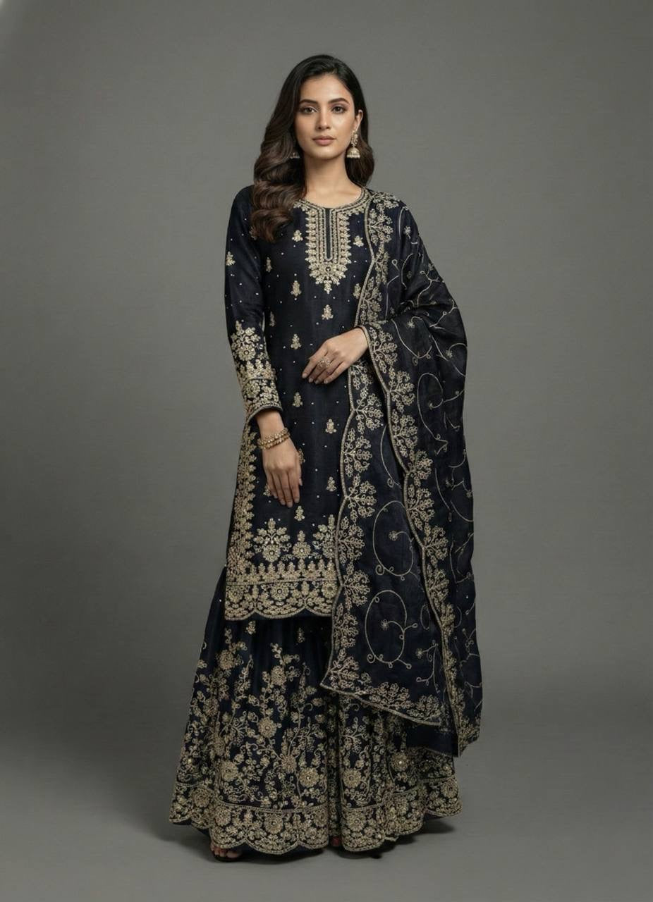 Designer GMY Silk Top Bottom Dupatta Set with Heavy Embroidery Sequence Work
