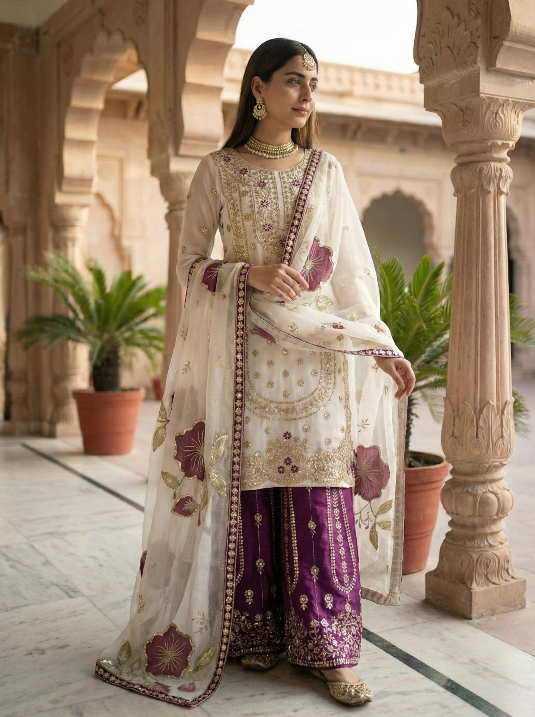 Designer GMY Silk Top Bottom Dupatta Set with Heavy Embroidery Sequence Work
