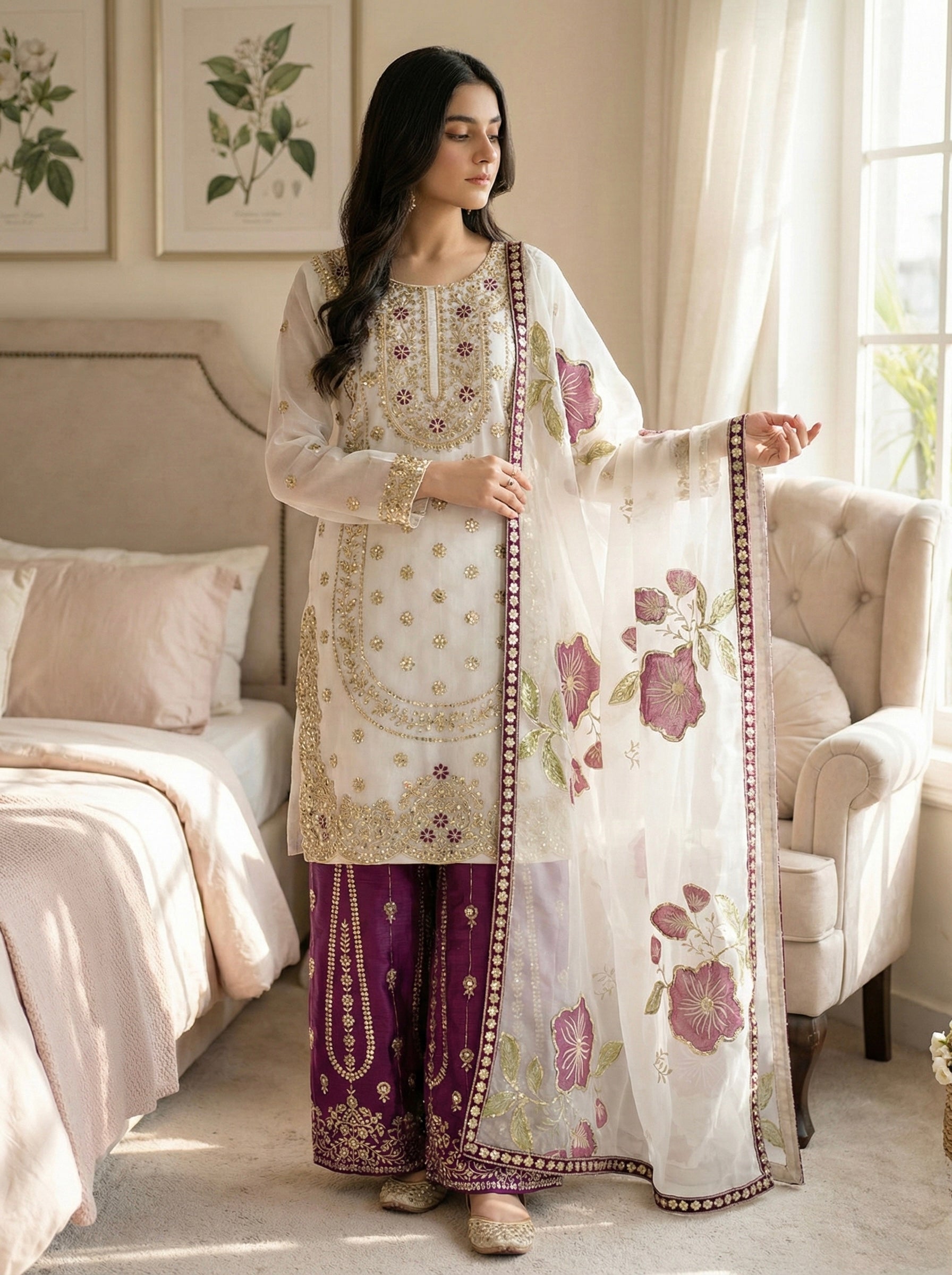 Designer GMY Silk Top Bottom Dupatta Set with Heavy Embroidery Sequence Work