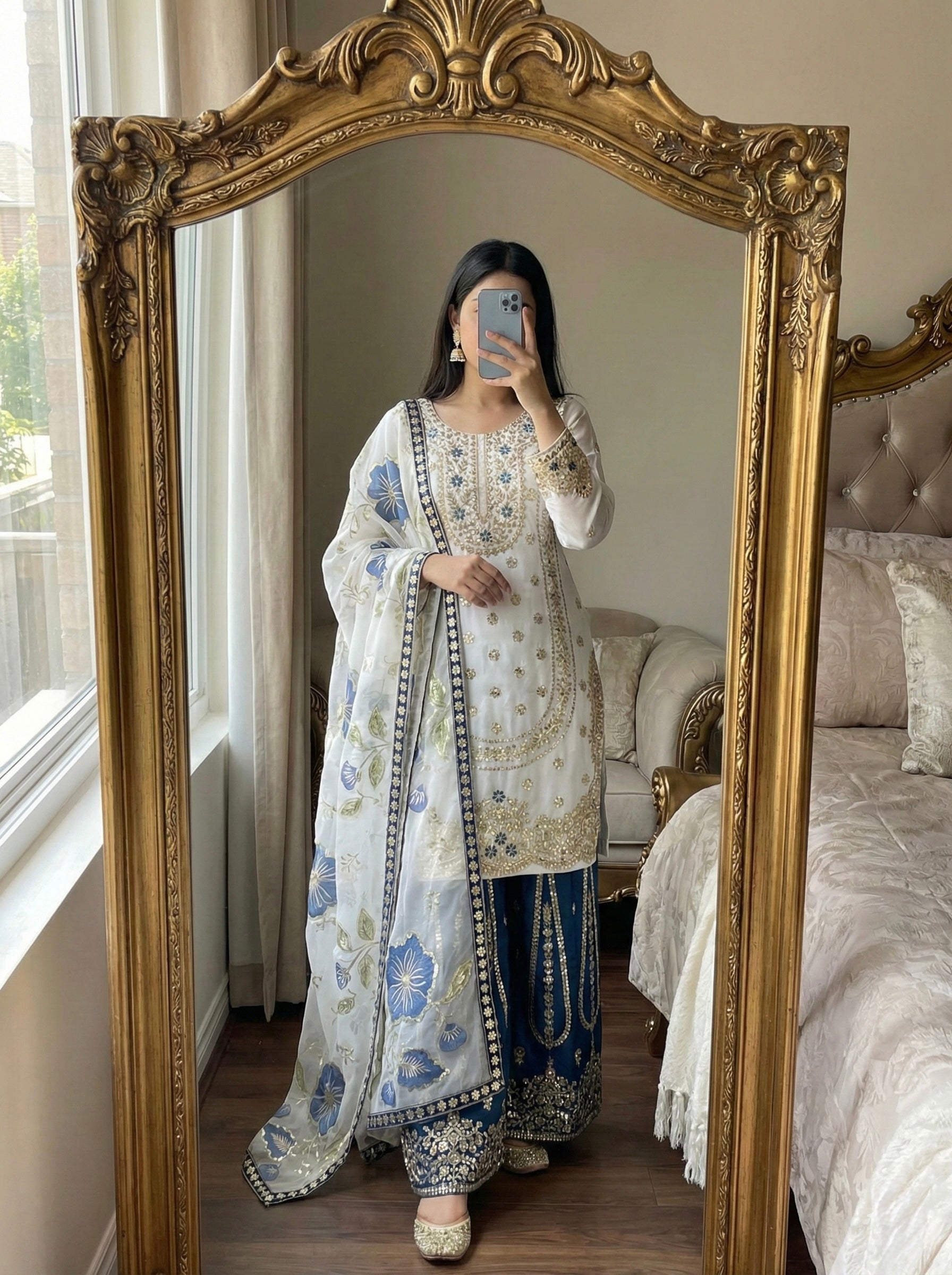 Designer GMY Silk Top Bottom Dupatta Set with Heavy Embroidery Sequence Work