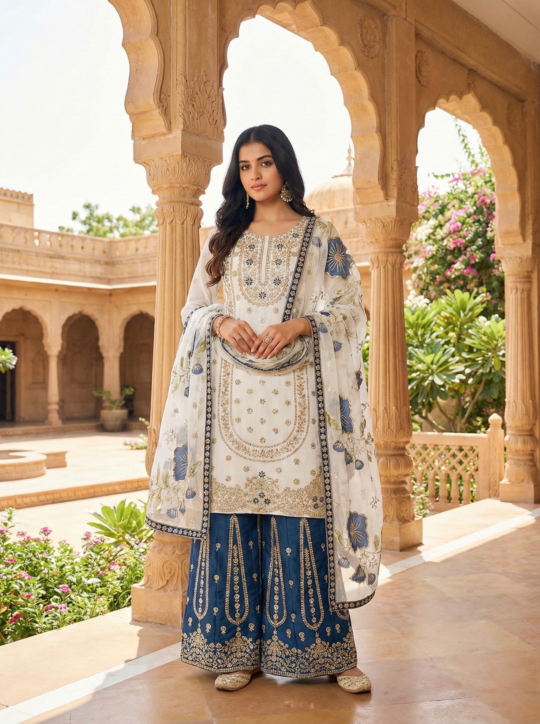 Designer GMY Silk Top Bottom Dupatta Set with Heavy Embroidery Sequence Work