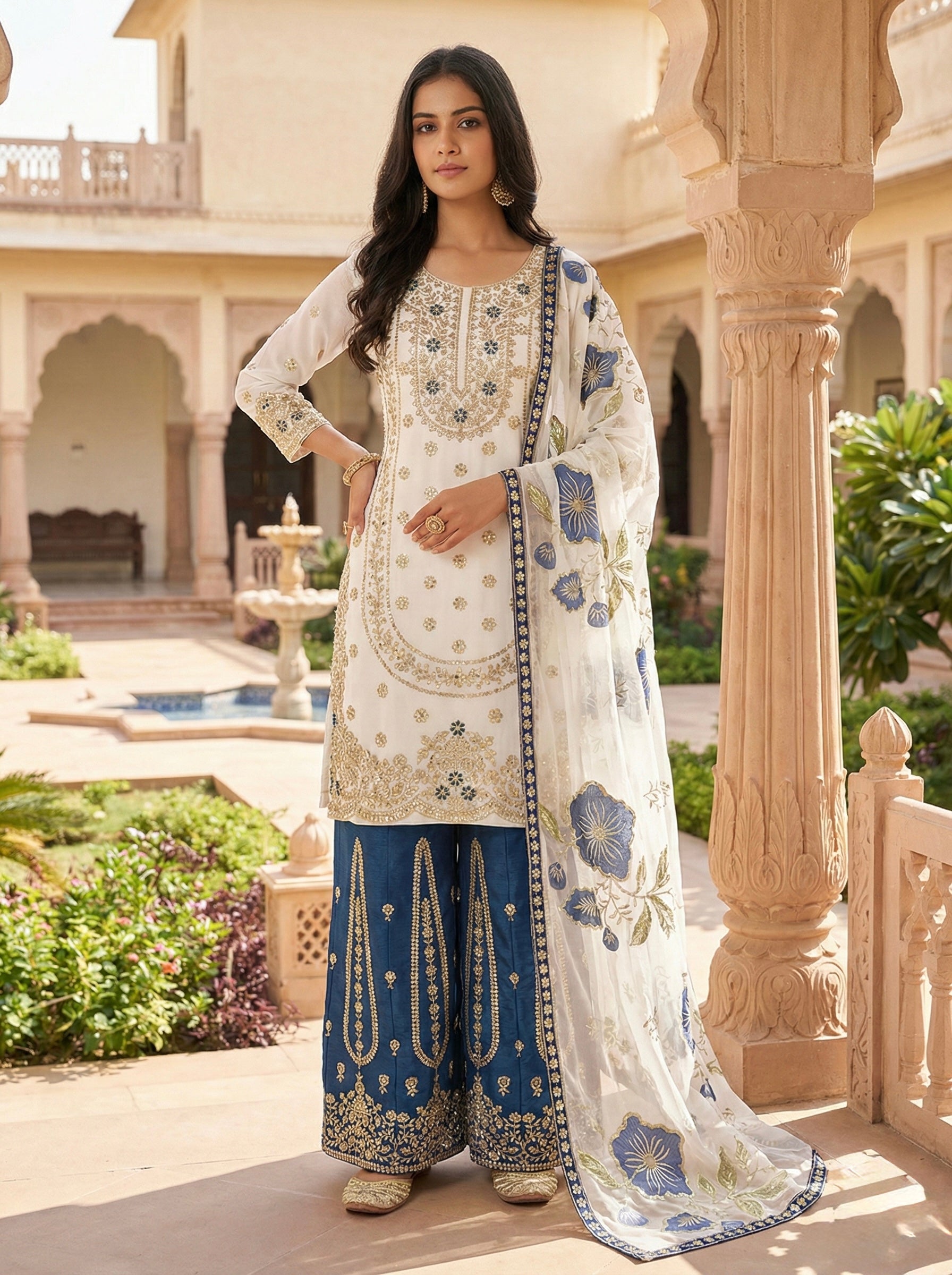 Designer GMY Silk Top Bottom Dupatta Set with Heavy Embroidery Sequence Work