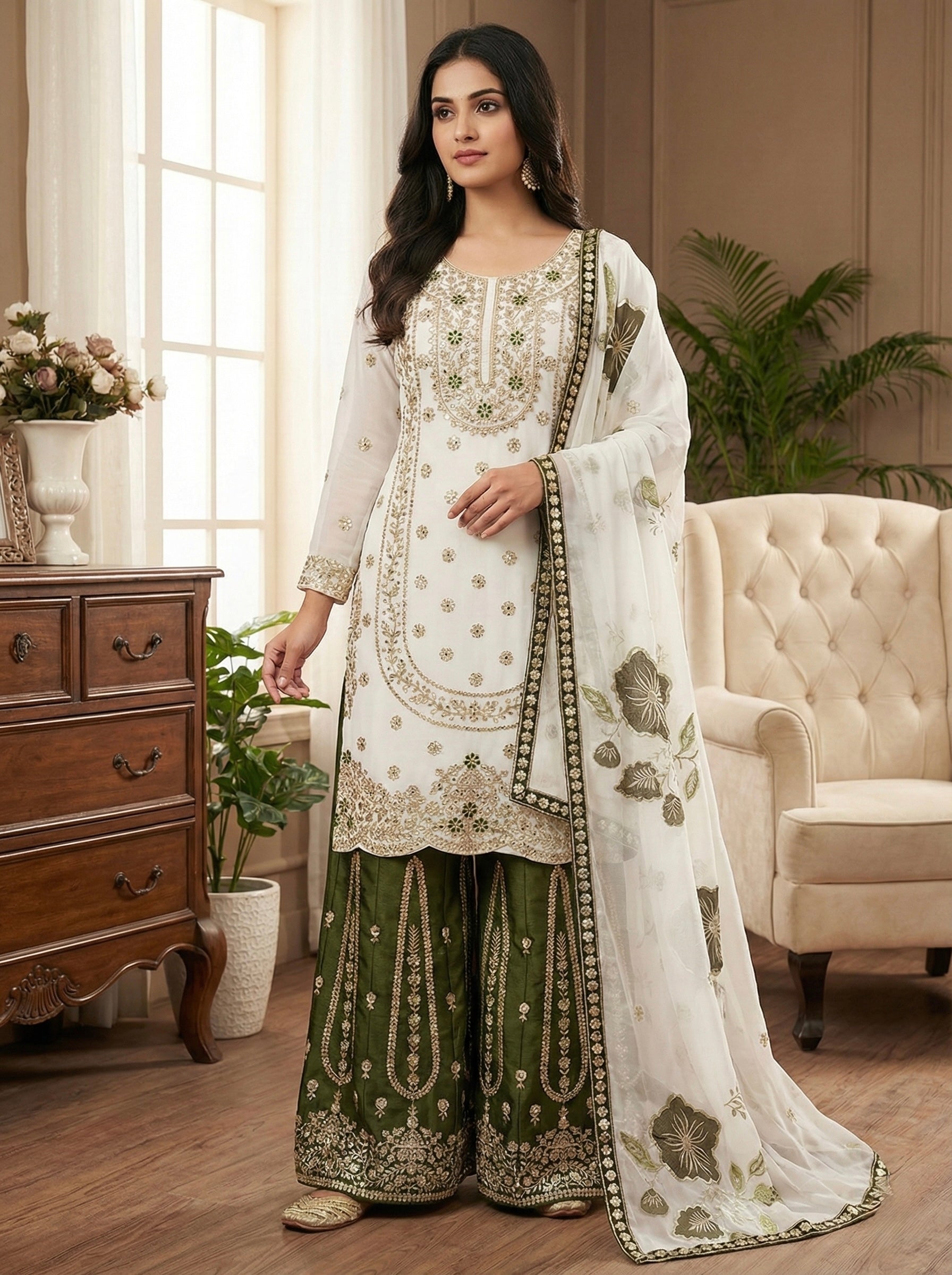 Designer GMY Silk Top Bottom Dupatta Set with Heavy Embroidery Sequence Work