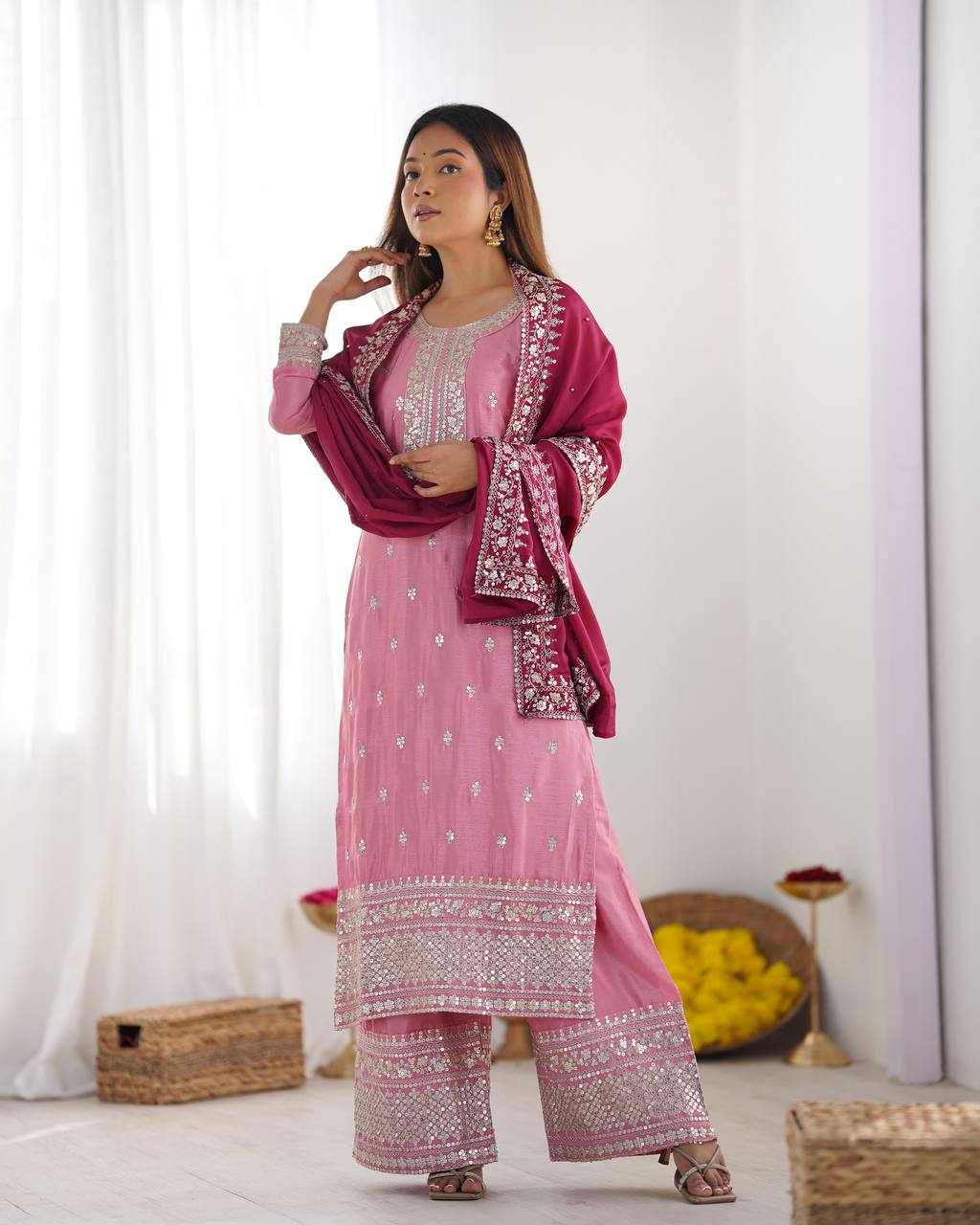 Festival Wear Chinon Top Bottom Dupatta Set with Heavy Embroidery Sequence Work