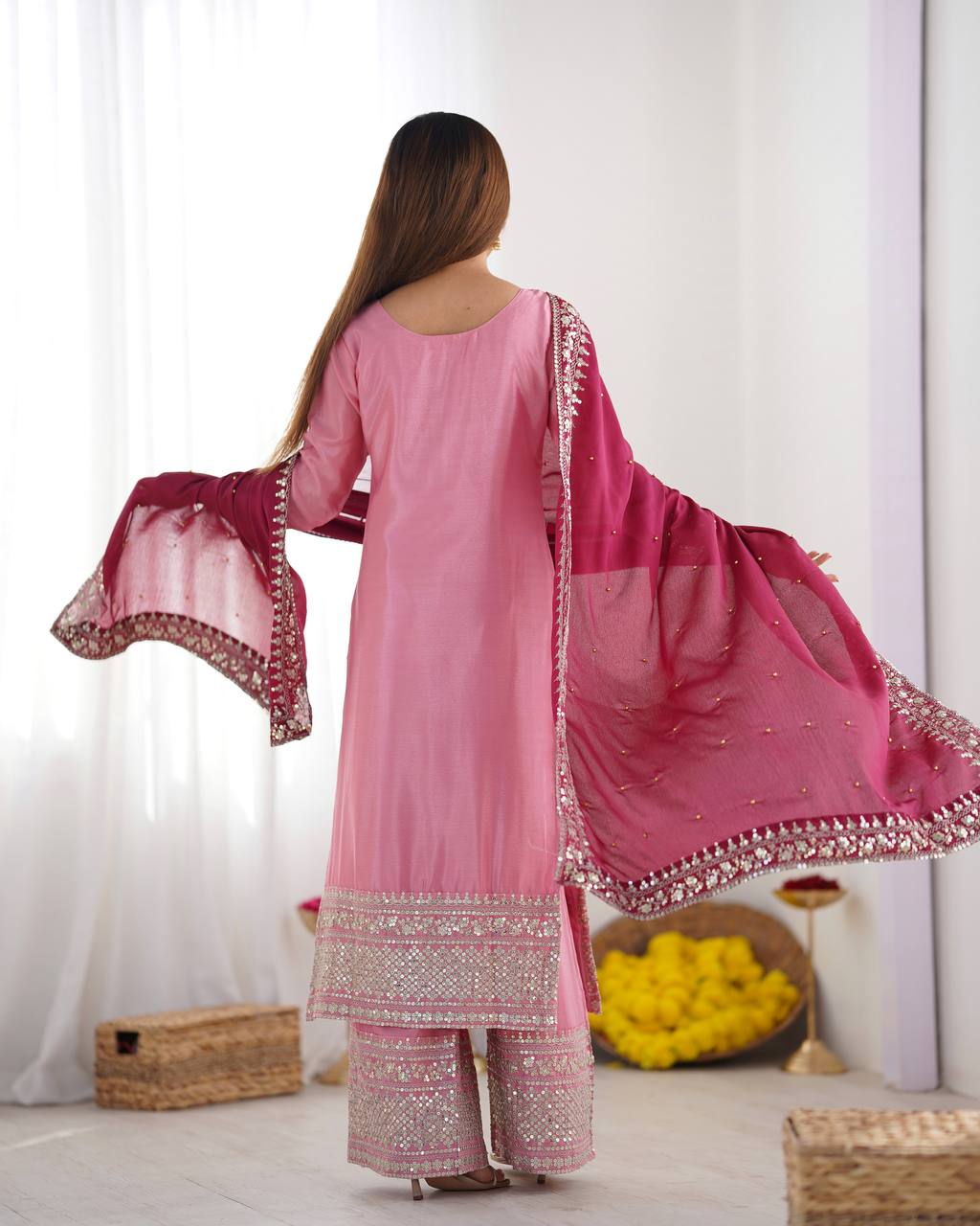 Festival Wear Chinon Top Bottom Dupatta Set with Heavy Embroidery Sequence Work