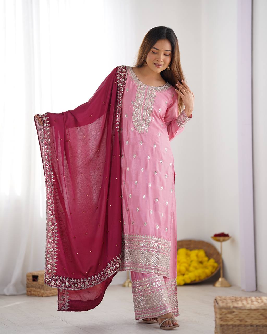Festival Wear Chinon Top Bottom Dupatta Set with Heavy Embroidery Sequence Work